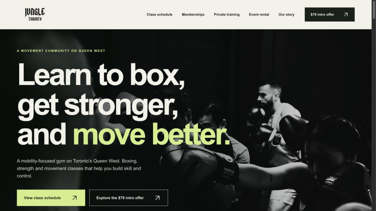 Jungle Toronto website, with bold typography and a boxing photograph